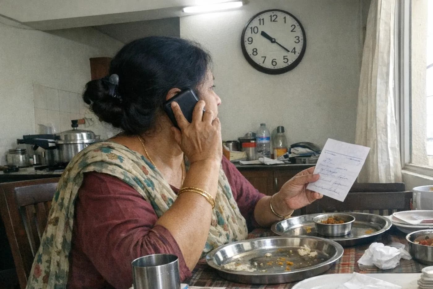 A woman on a phone call at home, holding her doctor's prescription