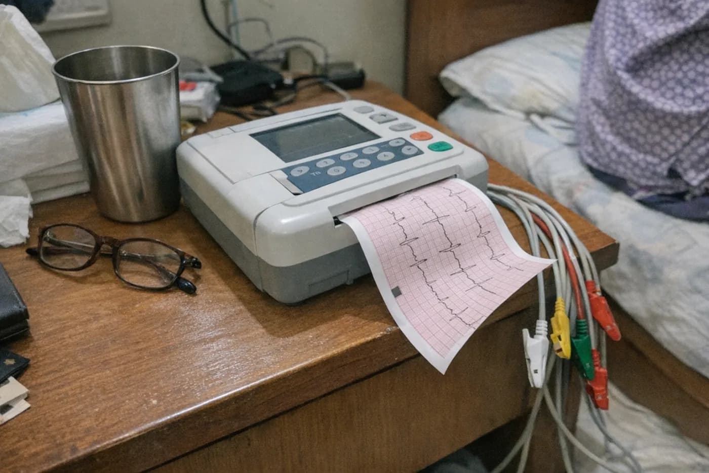 A printed ECG tracing coming out of a portable machine