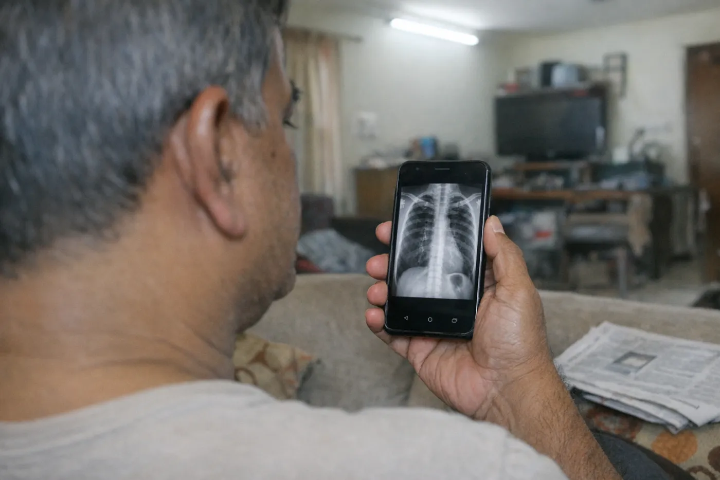 A man looking at his chest X-ray on his phone at home