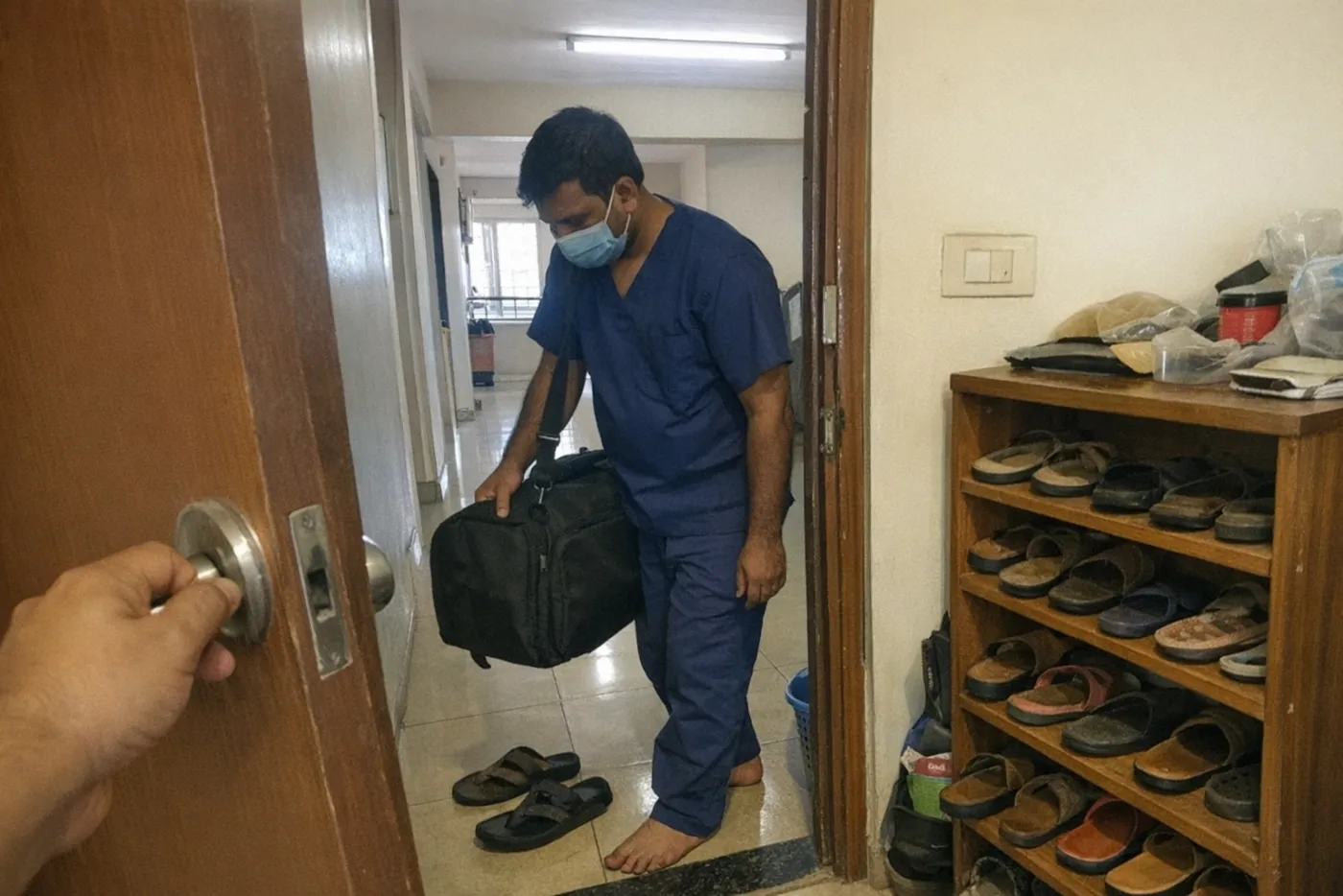 A technician with an equipment bag taking off his shoes at an apartment door
