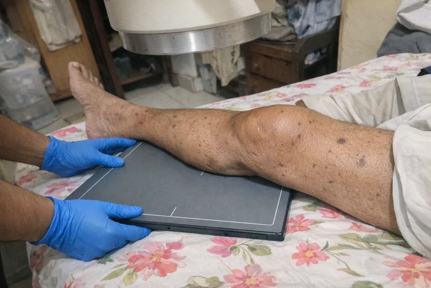 Gloved hands placing an X-ray detector plate under a patient's knee on a bed