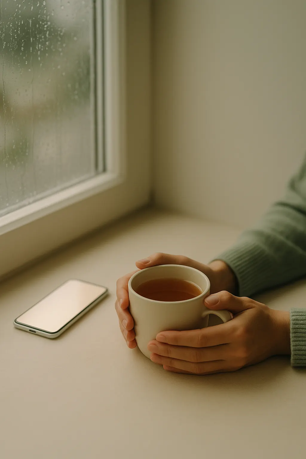 A woman pausing quietly with a cup of tea by a window
