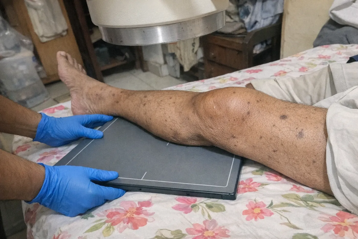Gloved hands placing an X-ray detector plate under a patient's knee on a bed