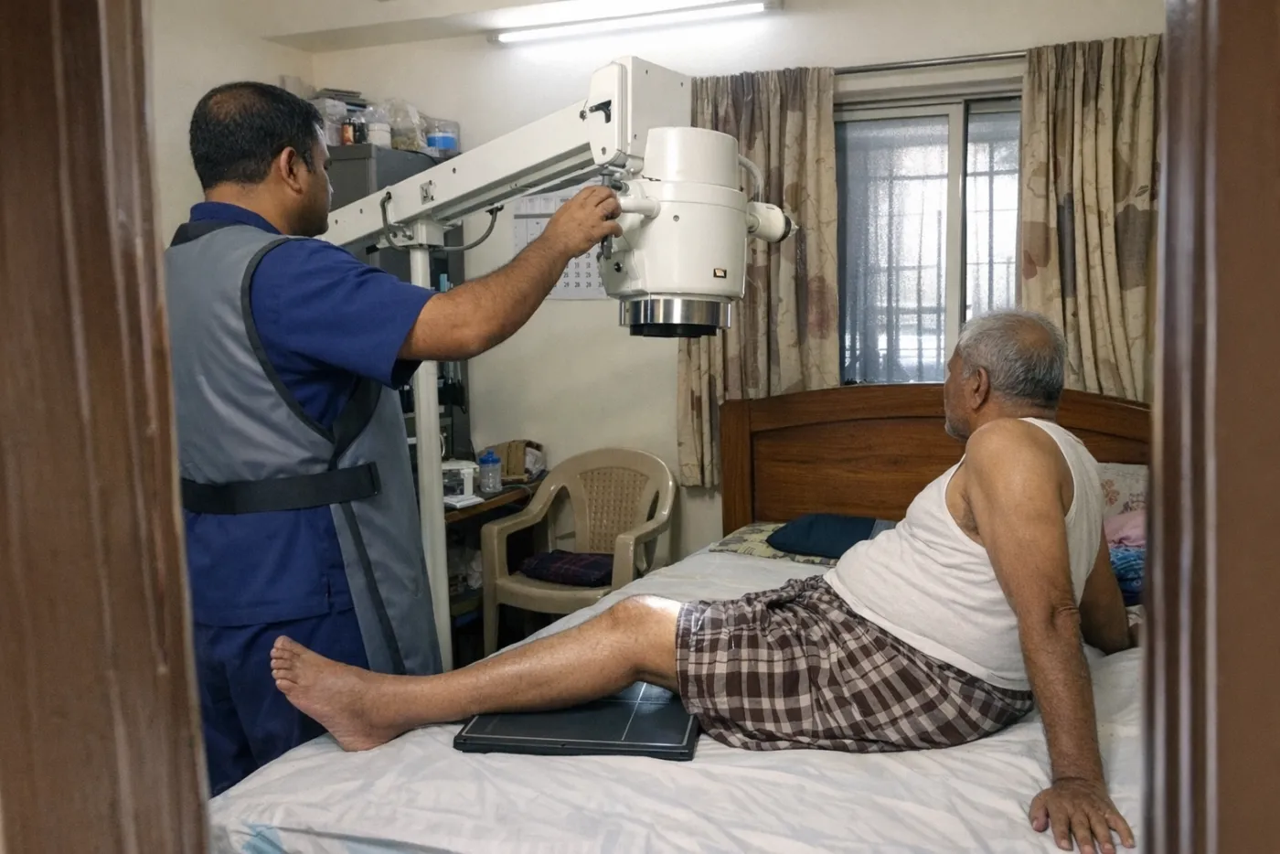 A technician setting up a portable X-ray machine over an older man's knee in his bedroom